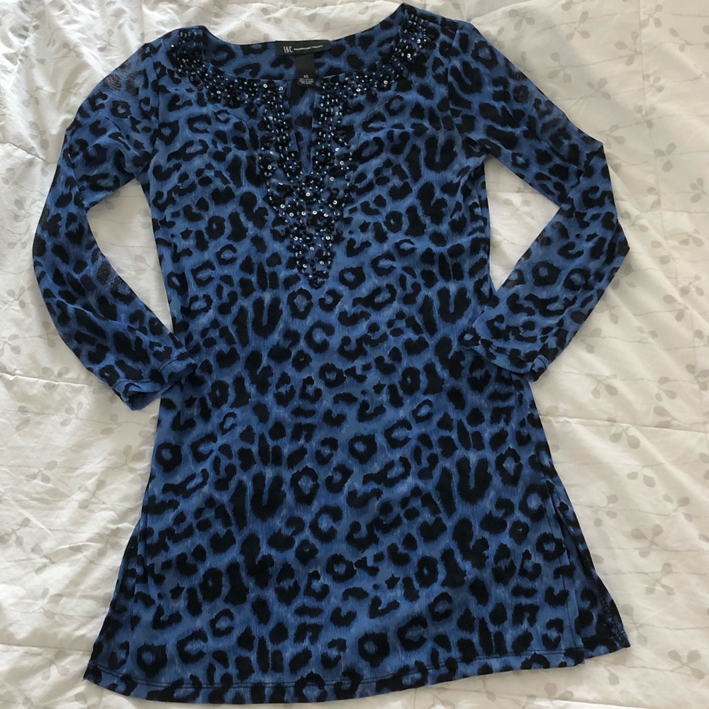 INC Blue Leopard Beaded Tunic Top XS